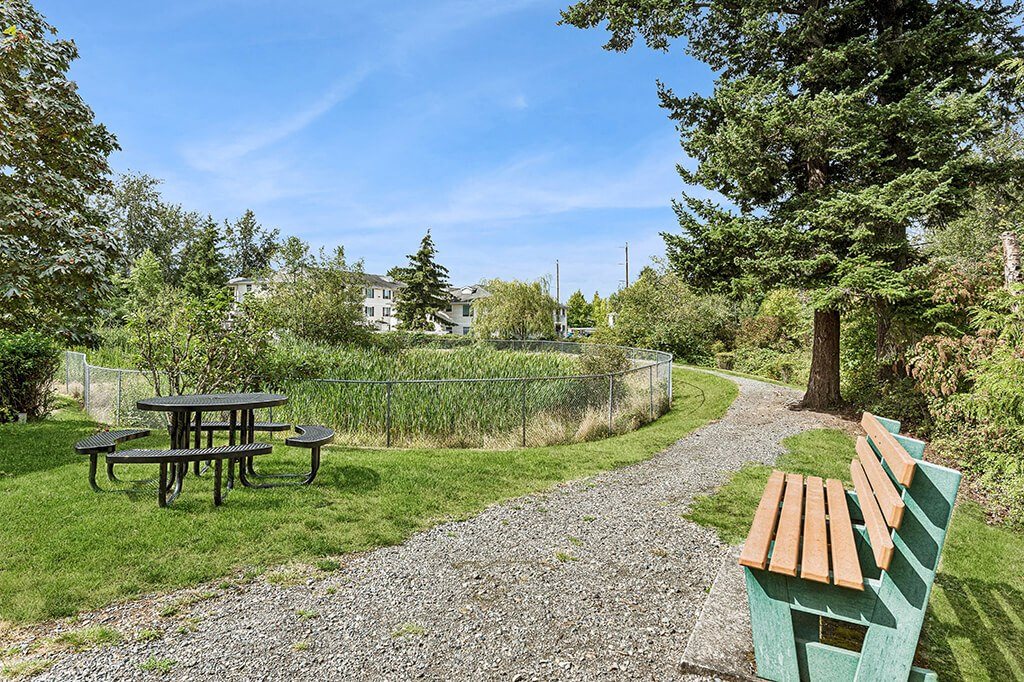 Picnic table and pathway at Woodrose Senior Affordable Apartments in Bellingham WA